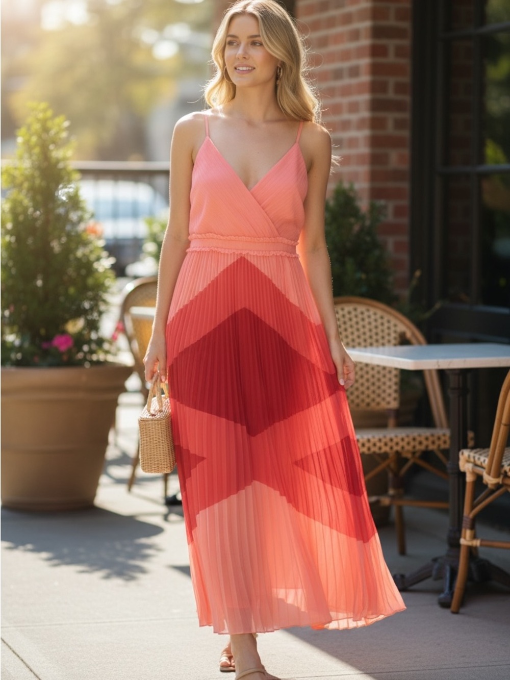 J. Crew Coral to Red Ombre Pleated Maxi Dress